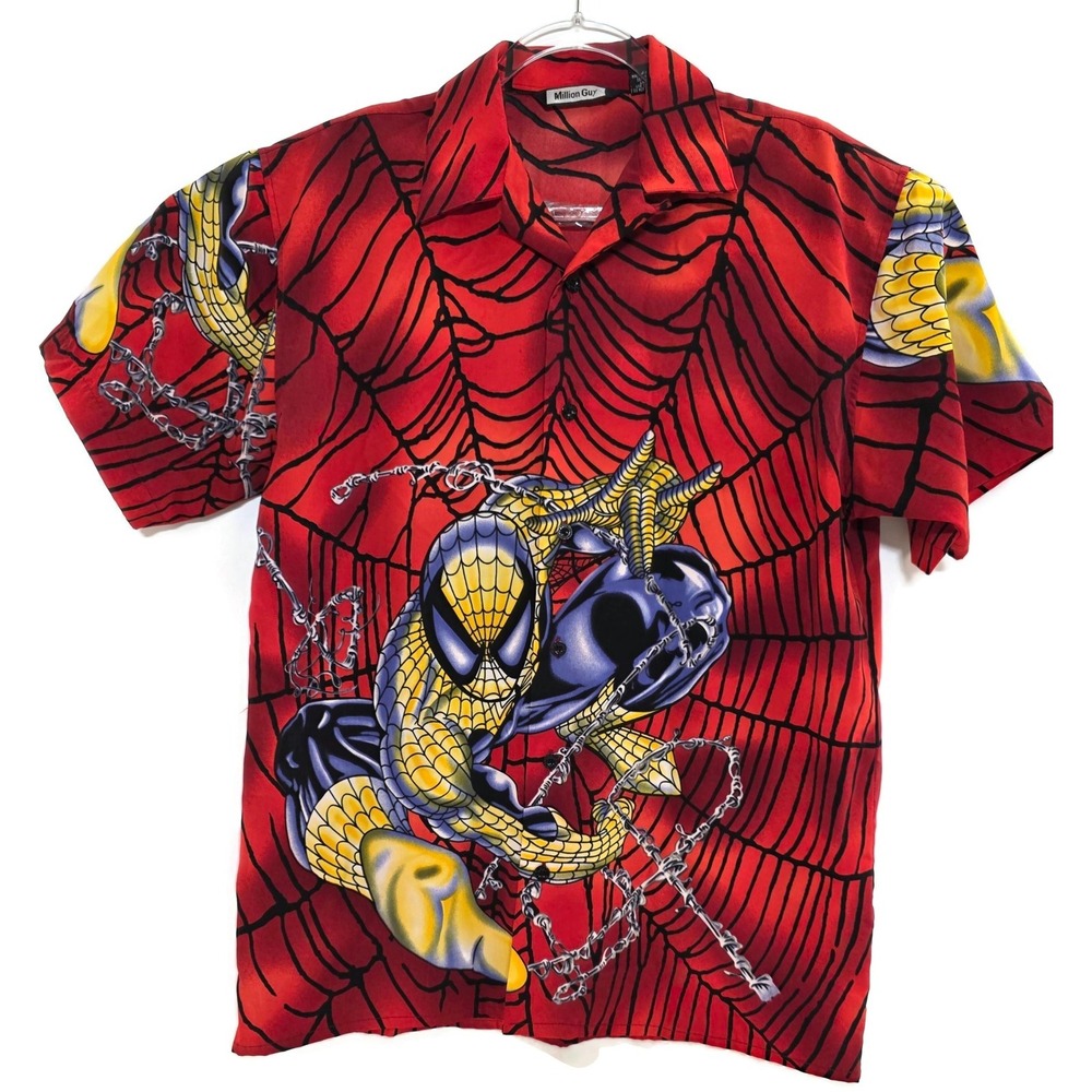 Million Guy‎ Shirt Mens Size 15 Red Spider Web Superhero Graphic Button Front
